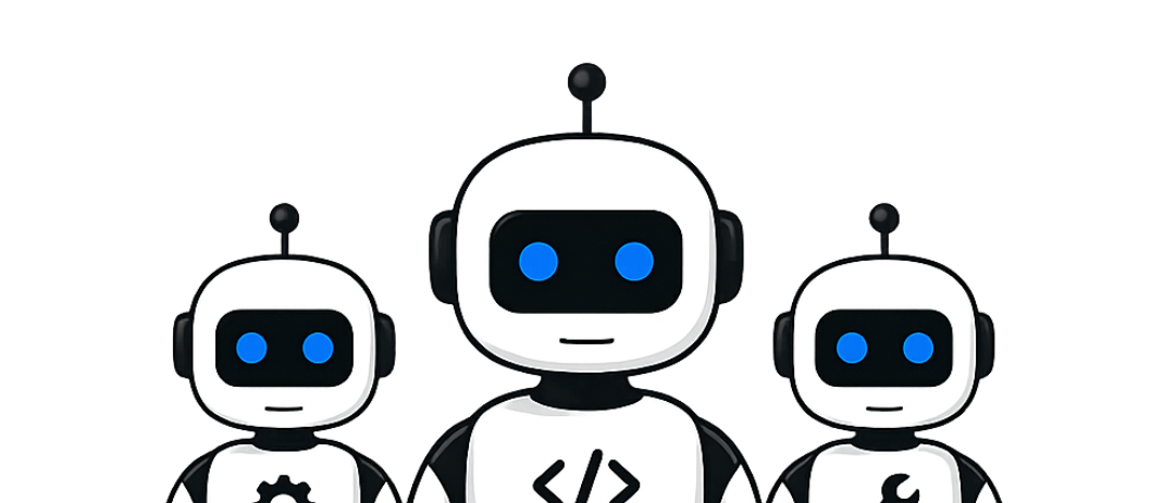 Three friendly Agentic Technologies robot mascots
